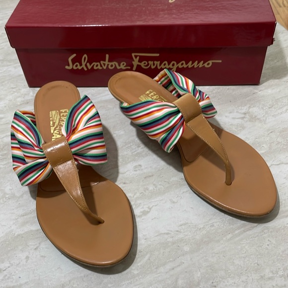 Salvatore Ferragamo Shoes - Salvatore Ferragamo Kitten Heel Multicolor Fabric Sandals Shoes *7
